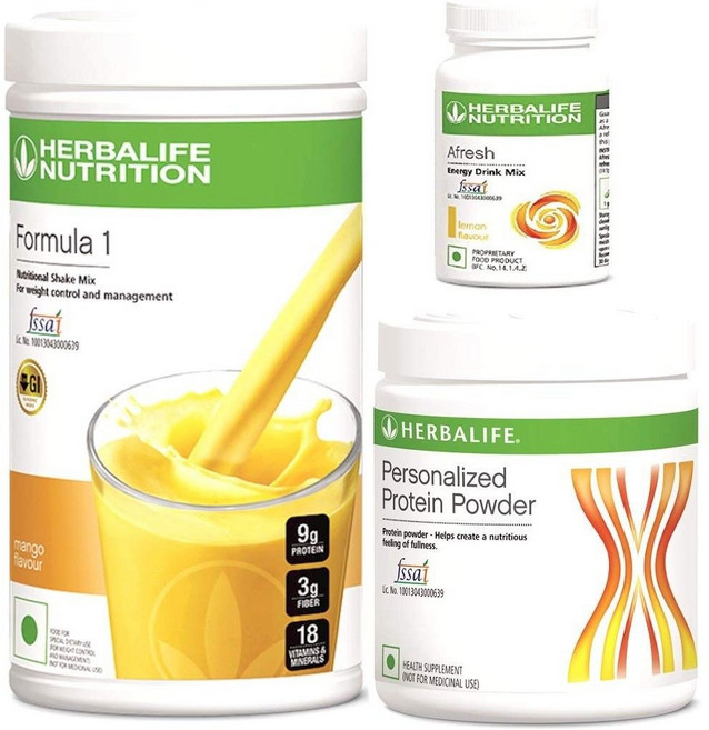 허벌라이프 뉴트리션 체중 관리 콤보 포뮬라 1 망고 쉐이크 믹스 (500g) + 맞춤형 단백질 파우더 (200g) + 어프레시 에너지 드링크 믹스 (50g), 3개입, 1개