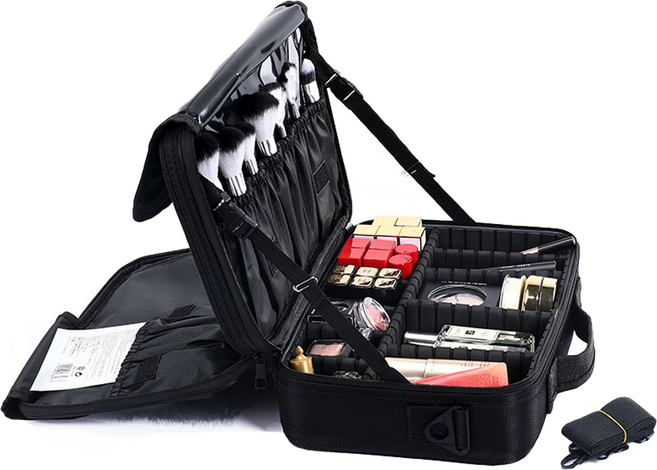 로앤제이 2단 여행용 뷰티 화장품 가방 파우치 메이크업 박스 소품 정리 칸막이, 1개, 블랙