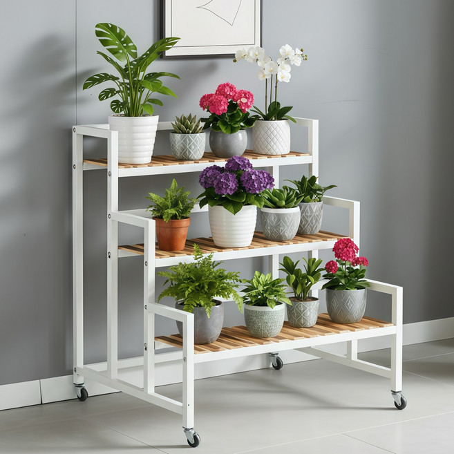 디원리빙 이동식 프리미엄 철제프레임 계단식 화분 정리 선반대, 화이트 80cm, 3단