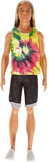 바비 켄 패셔니스타 장발 금발 노란색 프린트 민소매 반바지 패션 인형, 긴 금발의 켄 패셔니스타 인형
