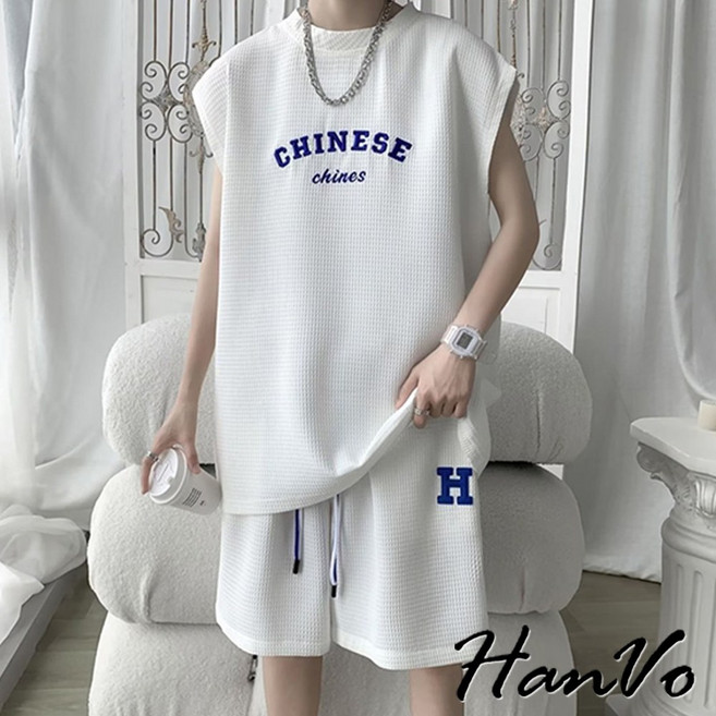 HanVo 男款華夫格運動休閒套裝 吸濕排汗舒適透氣圓領套裝 韓系男裝 B06-6006