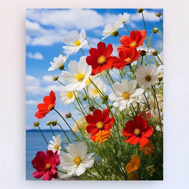 색채움 명화 그리기 세트 유화 캔버스 DIY 꽃 그림 취미 키트 No.814334, 40x50cm 우드틀 캔버스, 코스모스 B, 물감 + 오일용 캔버스 + 브러쉬 + 벽걸이못, 1개