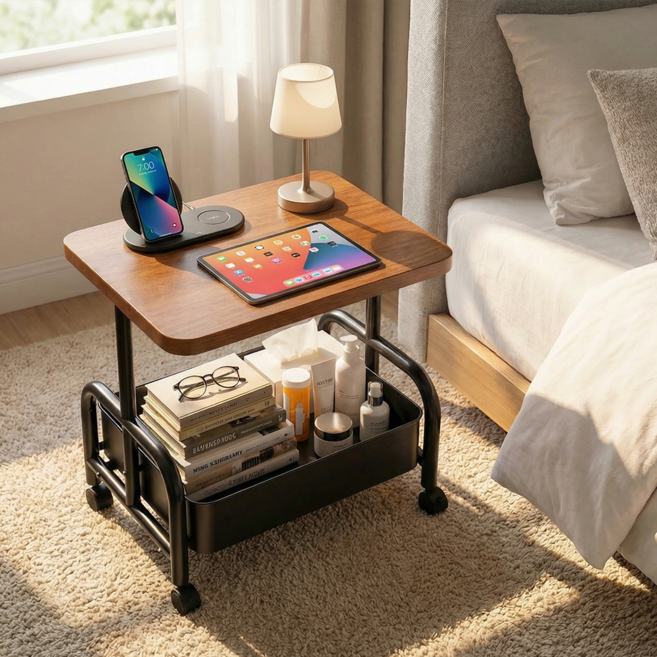 이쁜 우드 상판 튼튼한 철제 프레임 이동식 다용도 수납 트롤리, 2단, 월넛
