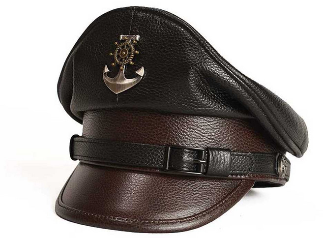 독일군 해군 장군 모자 맥아더 빈지티모자 소가죽 캡틴 철모 헬멧 복고풍 바이크 하이바 스쿠터, 2XL(59-60)CM 블랙 탑 레이어 소가죽