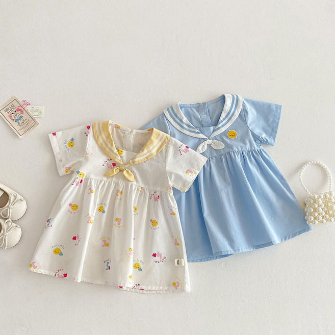 [떼아베베] 2-6세 여아 원피스 반팔 카라 셔링 리본 블루 옐로 원피스 키즈 아기 데일리 나들이 행사 소풍 등원룩 마린룩 아동복