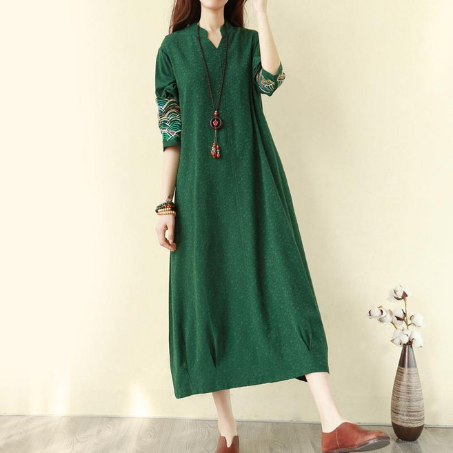 중장년 여성복 루즈핏 빅사이즈 자수 캐주얼 스커트 봄가을 패션 긴팔 면 마 원피스 WMY