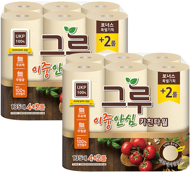 삼정펄프 그루 무표백 키친타올 135매 6롤 x2, 12롤, 1세트
