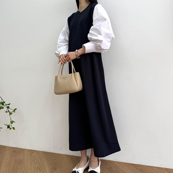 드몽 여성 빅사이즈 배색 롱 원피스 임산부 하객룩 모임룩 데일리 임부복