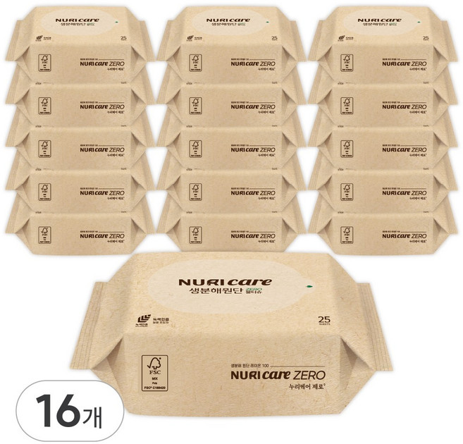 누리케어 제로 생분해물티슈 휴대용 25매 여행용 외출용 아기 물티슈 도톰한 엠보싱 플라스틱제로 0 원단, 60g, 25개입, 16개