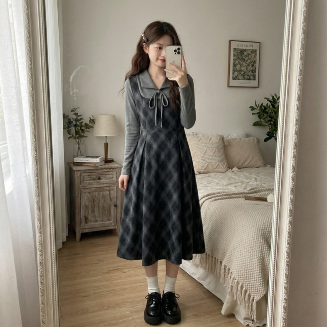 스타일닥터 여성 롱 원피스 패션 카라넥 긴팔 캐주얼 원피스 초봄 무드의 세련된 롱 원피스