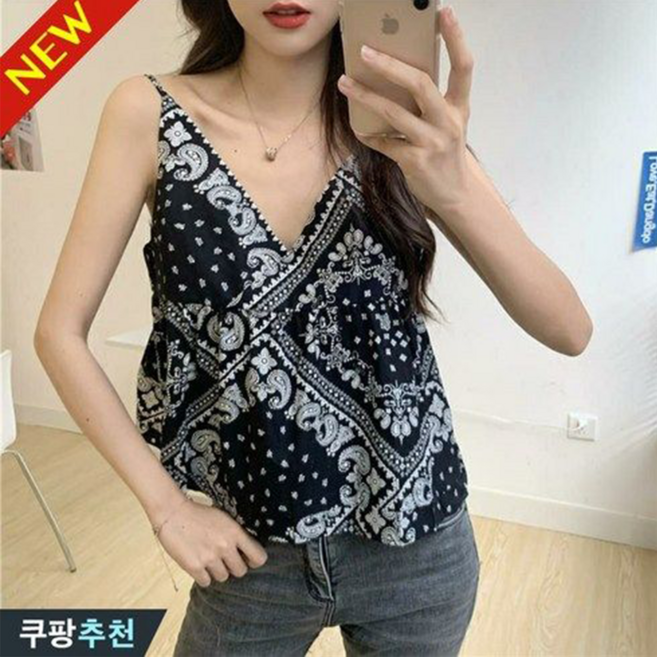 (완전 추천) 150kg까지 빅사이즈 여성 브이넥 쉬폰 프린트 민소매 끈 티셔츠 여름 편한 패션 이쁜 빈티지 셔링 플레어티 디자인 기질 날씬해보이는 코디 나시 티 심플 시원한 티