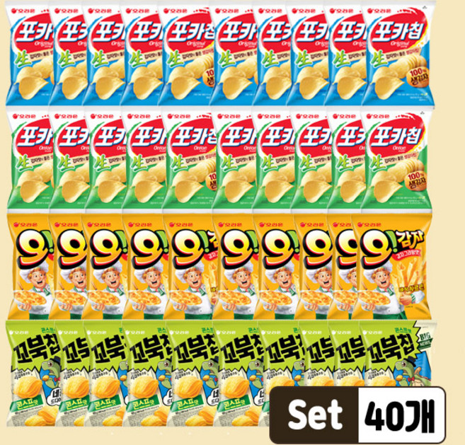 오리온 MINI 포카칩 오리지널 30g+어니언 30g+오감자그라탕 30g+꼬북칩 30gx각10개(총40개), 40개, 30g