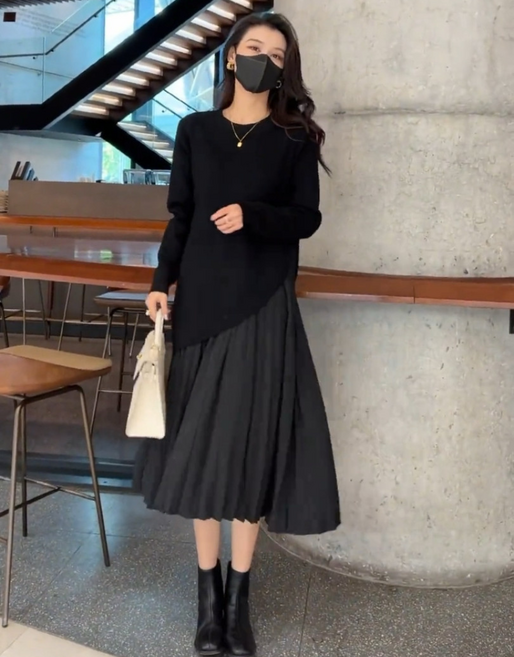 여성 긴팔 빅사이즈 루즈핏 롱 원피스 데일리룩 봄 가을 롱 니트 원피스