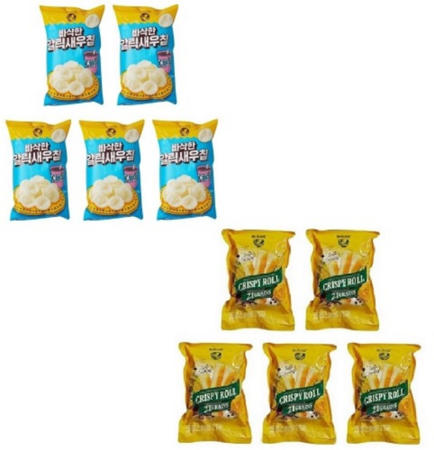 노브랜드 바삭한 갈릭새우칩 155g x5개 + 크리스피롤 21곡 220g x5개 학교 사무실 탕비실 간식 과자 티타임