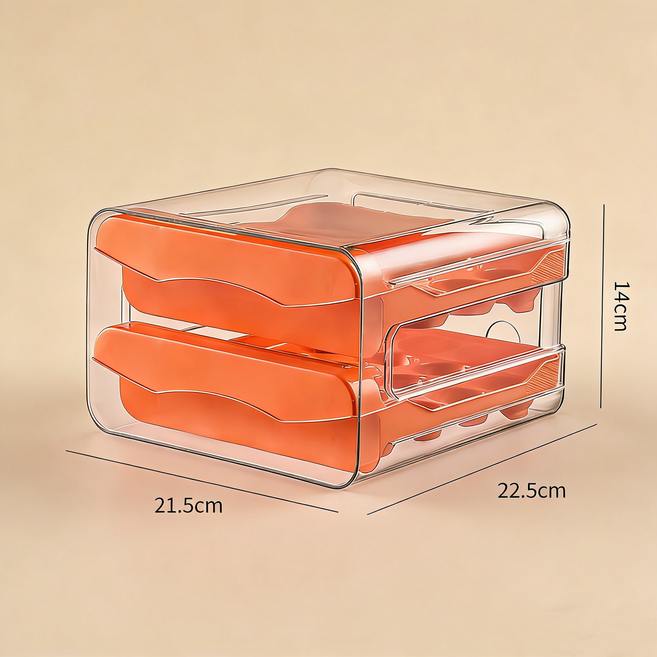 서랍식 2단 계란 보관함 대용량 냉장고 정리함 식품등급 PET 소재, 1개, 오렌지색