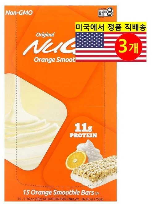 NuGo Nutrition 운동 전 후 오렌지 스무디 프로틴 바 15개입 750g 1개, 3개 - 쿠팡
