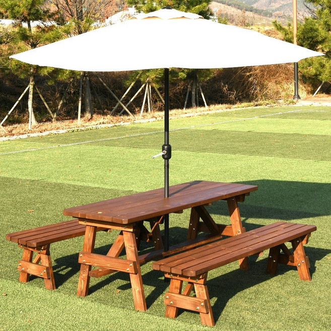 엉클트리 100% 통원목 야외 테이블 세트 (강력 볼트체결 구조), (평평)6~8인용 양쪽 평벤치 2회도색(월넛색)