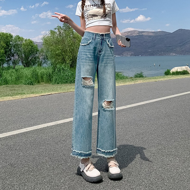 초연사 소프트 데님 논스판 일자 데미지 얇은 청바지 여장 핑크 작은 키 퍼 9부 바지