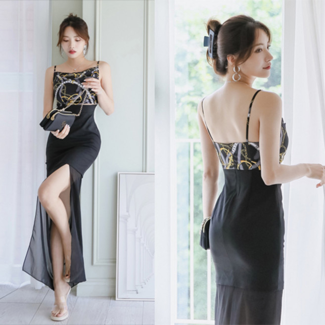 채핏 파미 나염쉬폰 원피스 홀복 섹시 롱원피스 맥시 글램 클럽룩 파티 시스루 하이웨스트 트임 민소매