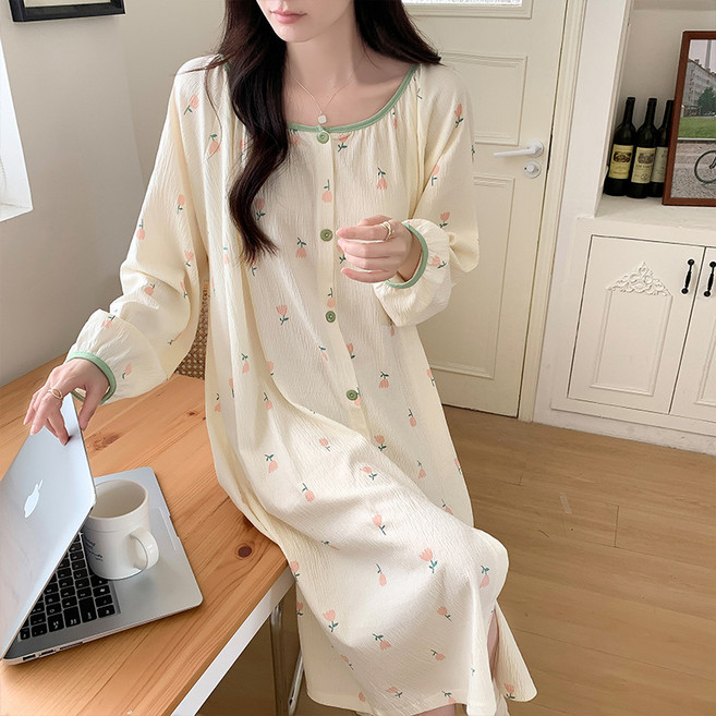 SAHINER 여성용 플라워 루즈핏 버튼 롱 파자마 원피스 홈웨어 잠옷 LBSY07