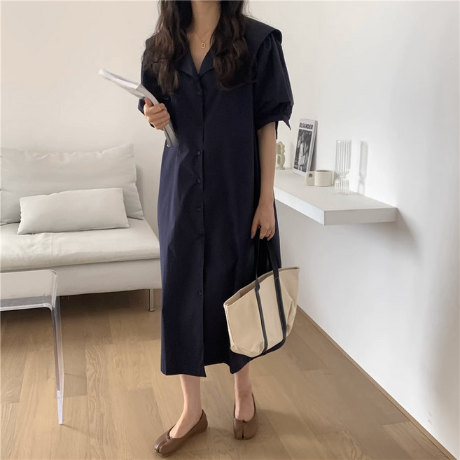 여성 데일리 세일러 카라 원피스 빅사이즈 하객룩 드레스 롱원피스 퍼프소매 루즈핏 임부복 버튼원피스 반팔원피스