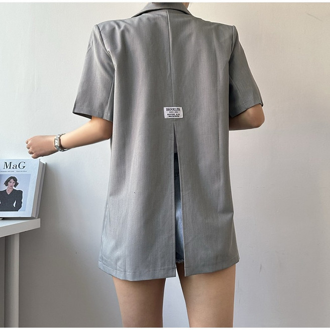 [엘샾] 여성 오버핏 미니패치 뒷트임 반팔자켓 어깨패드 캐주얼 아우터 자켓