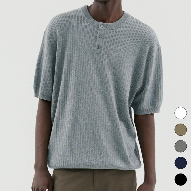 트래드클럽 나루 버튼다운 헨리넥 사계절 반팔 니트 (5컬러 M~5XL)