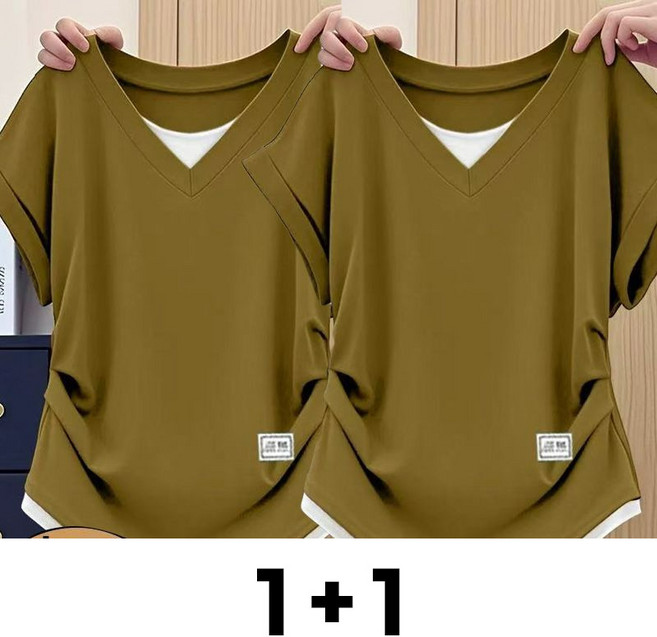 Neirny 1+1 중년 여성 빅사이즈 브이넥 반팔 티 여름용 엄마룩 스판 캐주얼 루즈핏 하객룩 솔리드 아이스 아우터 상의 2매입