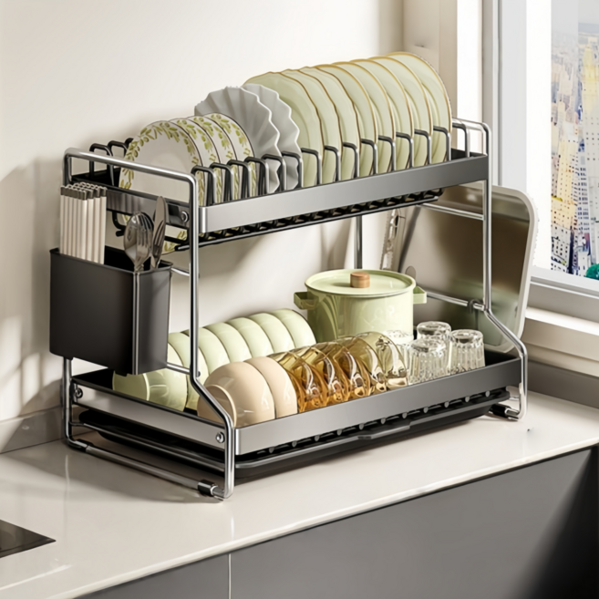 UNIQUEZON 주방 물빠짐 식기건조대 씽크대 옆 그릇 접시 정리대 통풍형, 블랙, 1개, 2단