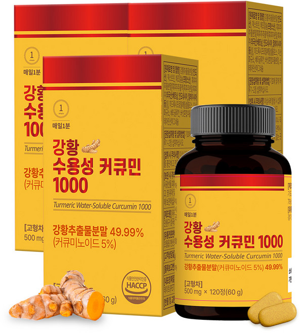 매일1분 강황 수용성 커큐민 1000 영양제 캡슐 가루, 3개, 120정