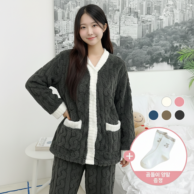 스타일모먼트 여성 수면잠옷 세트 겨울 극세사 잠옷