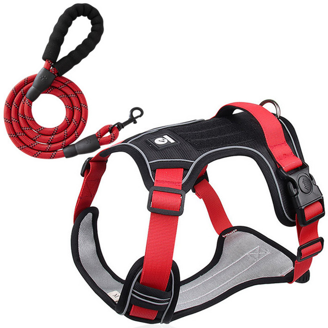 해피펫밀리 중대형견 하네스 리드줄 세트, 1개, 레드+레드 리드줄