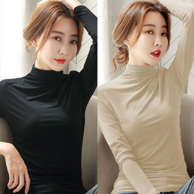 [1+1 2장] 봄 가을 겨울 여성 스판 하이넥 이너티 슬림 긴팔 티셔츠