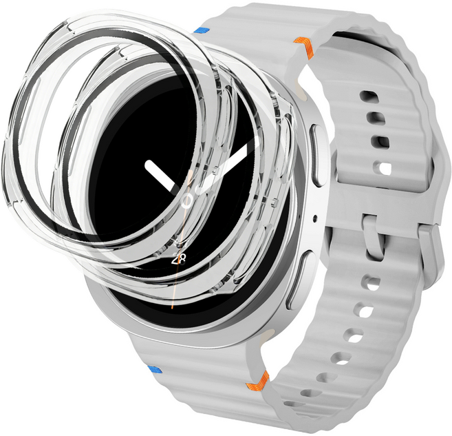 데일리피 갤럭시워치 호환 실리콘 컬러풀한 스티치 스트랩 8/7/6/6클래식/5/5프로/4/4클래식+PC 케이스 2개, 연한 그레이/투명