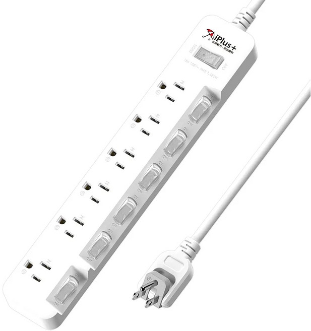 iPlus 保護傘 台灣製 7切6座3P 延長線 PU-3766 斜面式開關 防火過載斷電, 全白, 1個, 1.8m