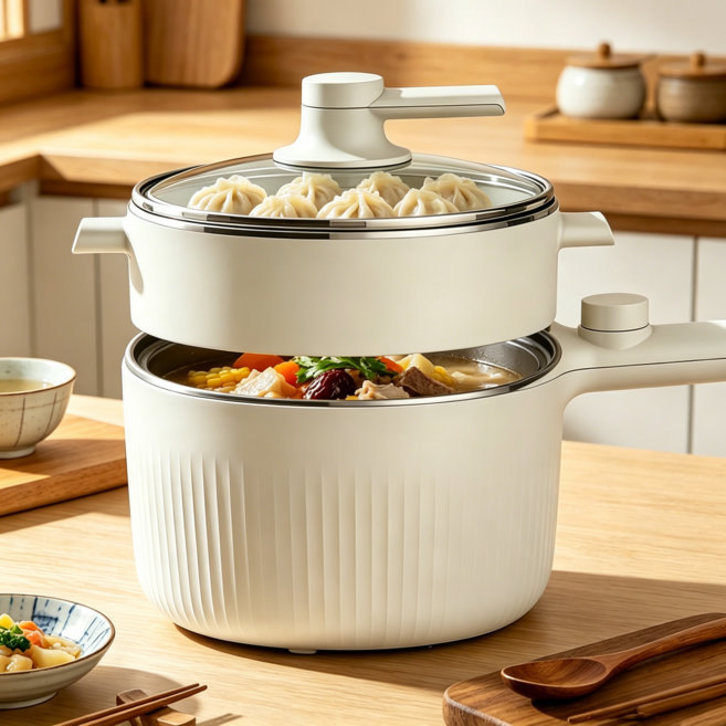 VisuLink 비주링크 멀티쿠커 2in1 전기냄비 1.2L (라면/찜기 겸용), CND-1903-12