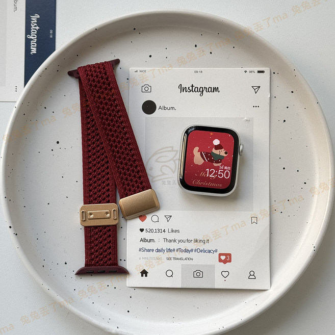 Rabbit Technolog 適用AppleWatch錶帶 夏季透氣防汗百搭錶帶, 酒紅色雙圈磁吸扣,38/40/4110/11代42mm, 1個