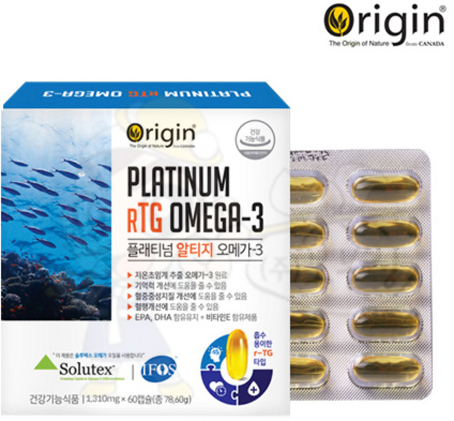 오리진 플래티넘 알티지 오메가3 RTG 오메가3 영양제 고함량 EPA DHA 초임계 저온 추출 엔초비 멸치유 정제어유 혈행개선 건강 기능식품, 60정, 1개