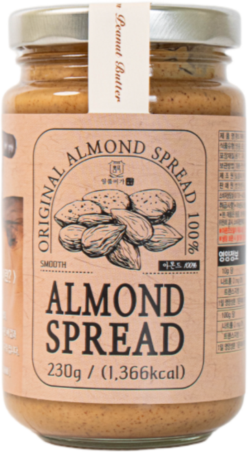 썸앤썸 100% 아몬드버터 프리미엄 230g 스무스 무첨가 스프레드 잼 아몬드잼, 1개