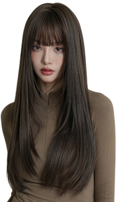 가발위드 여성 가발 긴머리 스트레이트 앞머리 있는 통가발 모카프린지, 모카무스, 1개