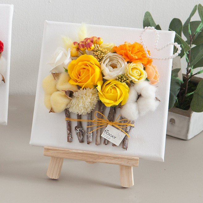 우드카네이션액자set 25cm (펜+이젤포함) 조화 인테리어 어버이날 스승의날 선물, 옐로우, 1개