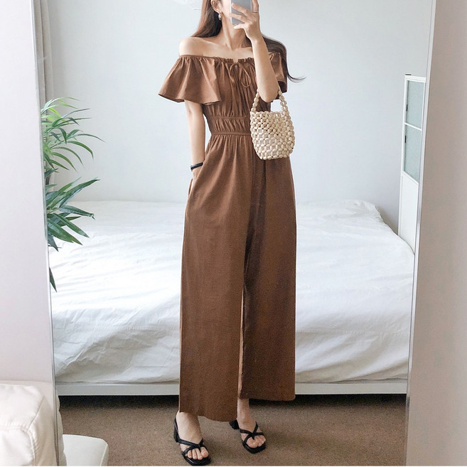 요시아나 [당일발송] 홀릭 셔링 러플 오프숄더 린넨 밴딩 와이드 점프수트 2컬러