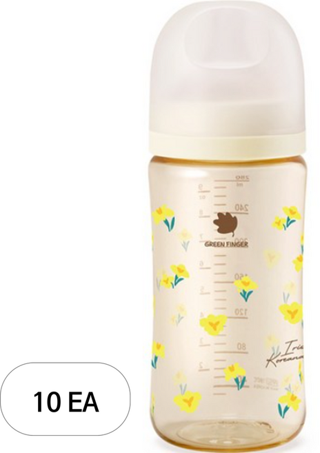 그린핑거 베베그로우 젖병 + 젖꼭지 1팩 M 3~6개월, 노랑붓꽃 + 크림, 280ml, 10개
