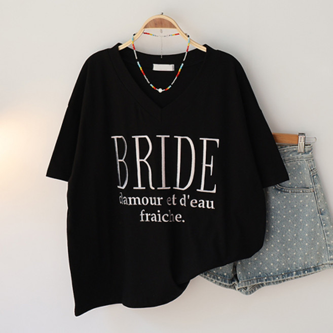 스카이코코 여성 반팔 티셔츠 브이넥 브라이드 자수 박스티