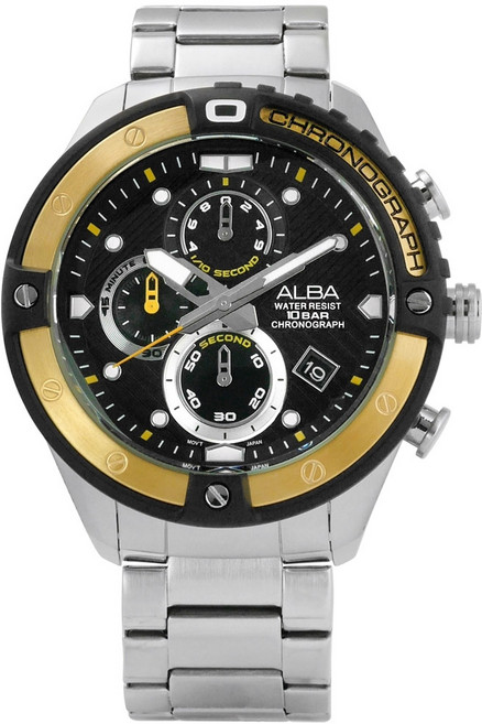 ALBA 三眼計時 日期 防水100米 不鏽鋼手錶 黑金色 46mm