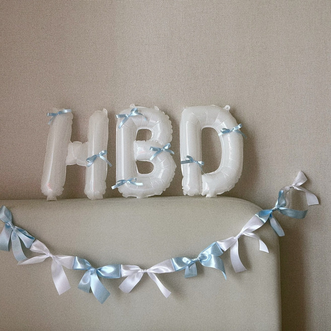 HBD 생일 발레코어 리본 풍선세트(diy) 생일파티세트 리본장식 해피버스데이, 화이트(스카이블루)