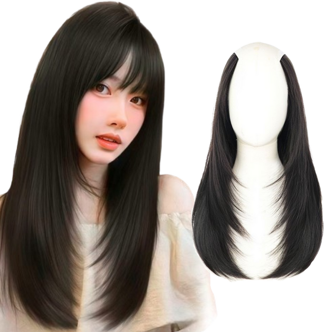 리우니 레이어드 허쉬컷 C컬 자연스러운 일체형 긴머리 똑딱이 헤어피스 붙임머리, 1개, 내츄럴블랙 헤어
