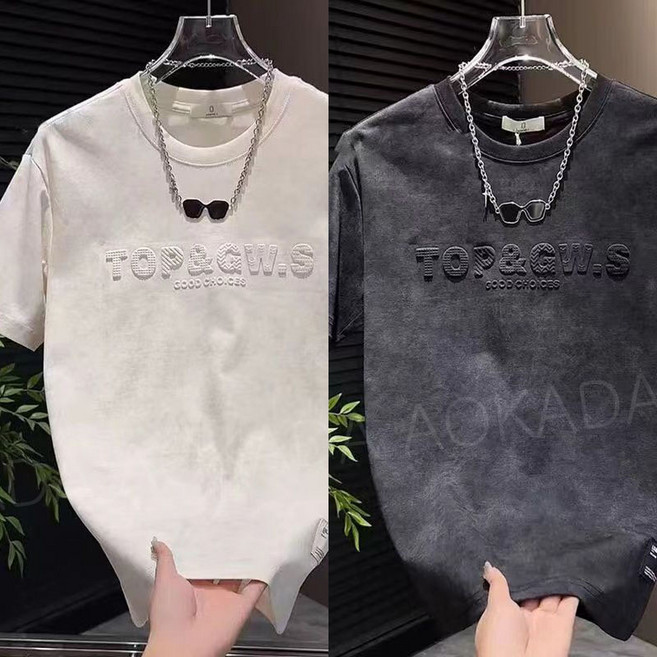 AOKADA1+1 남성 그라데이션 다잉 입체 레터링 루즈핏 반팔 티셔츠 빈티지 라운드넥 반팔티