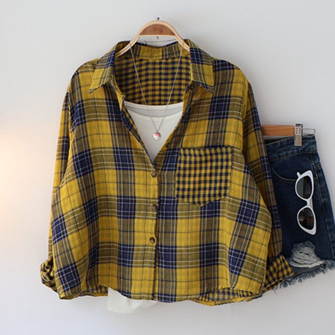 스카이코코 여성 긴팔 남방 벨루 아사 체크 숏 셔츠