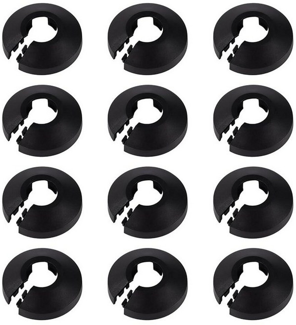 Penitue 12피스 1.3cm(1/2인치) 플랜지 수도관 커버 장식 16mm/0.63인치 PP 플라스틱 배수 라인 칼라 벽 라디에이터 파이프 튜브 장식용 (화이트) 310, 블랙